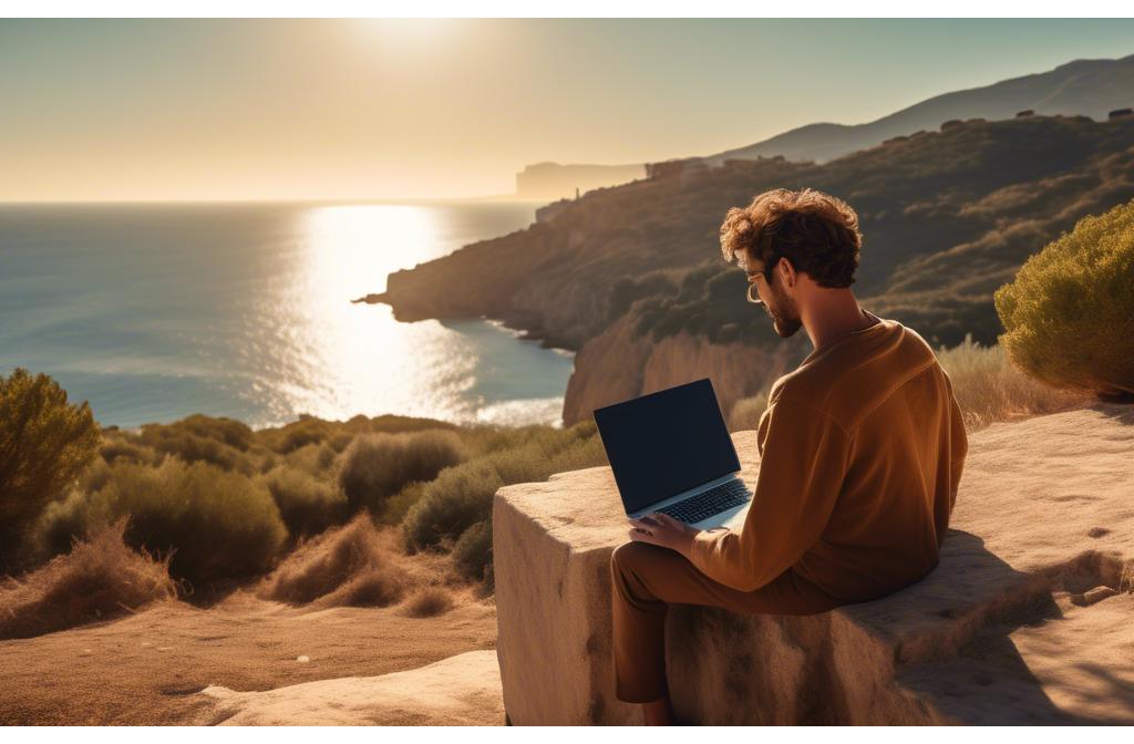 Digital nomad working on laptop in a scenic Spanish location with coastline view